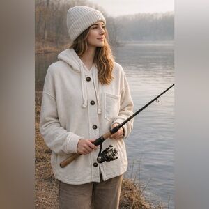 American Eagle Outfitters Cream Button-Up Sherpa Hoodie